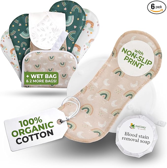 Non-Slip Reusable Period Pads for Teen Girls (S+M, 6-Pack); High-Temp Washable Organic Cotton Cloth Pad; Reliable, Non-Irritating, Soft Reusable Pads Menstrual for Secure & Comfortable First Period