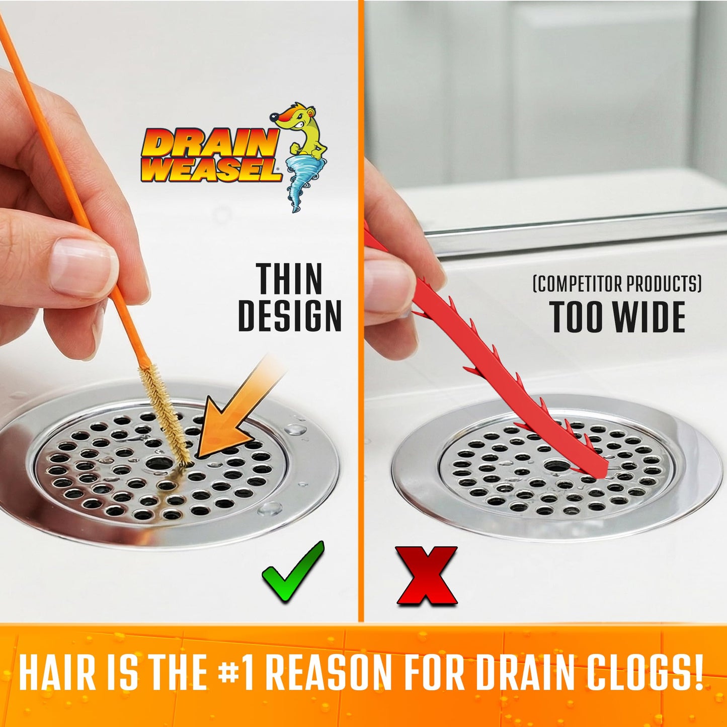 FlexiSnake Drain Weasel Refill - Sink Snake Hair Clog Remover Tool, Sink, Pipe, Bathroom, Bathtub Drain Cleaner, 18-inch Long Flexible Disposable Wands, Made in The USA, 10 Pack