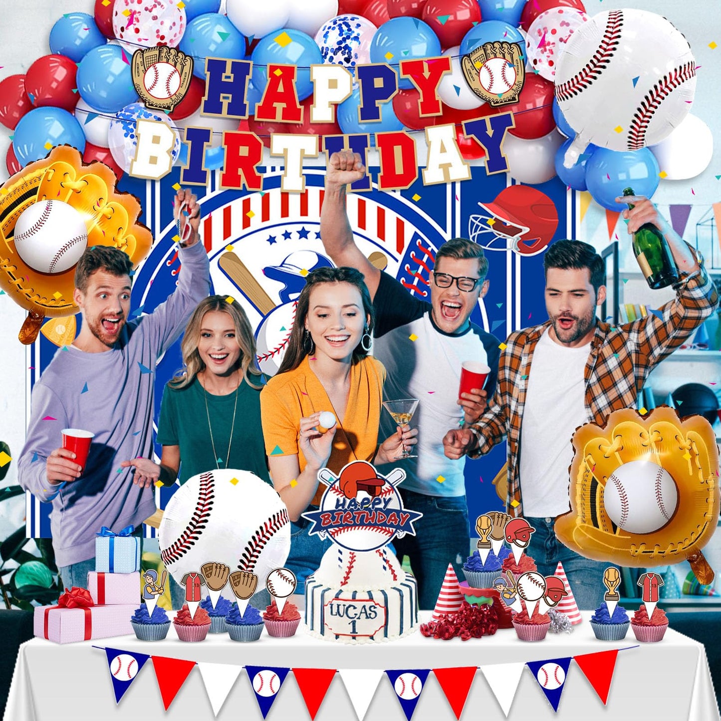 Baseball Birthday Party Decorations, 64 PCS Baseball Party Supplies Kit, Include Backdrop, Happy Birthday Banner, Balloons, Cupcake, Cake Toppers