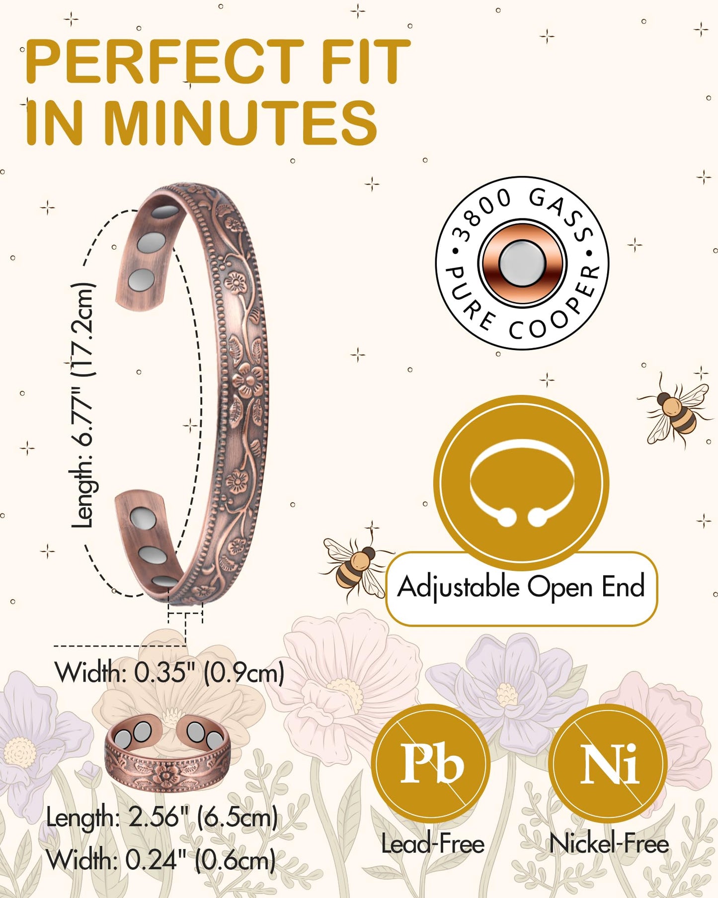 Feraco Copper Bracelet & Lymphatic Drainage Rings for Women, Vintage Flower Magnetic Cuff Bangle, 99.99% Pure Copper with Neodymium Magnets, Adjustable with Gift Box