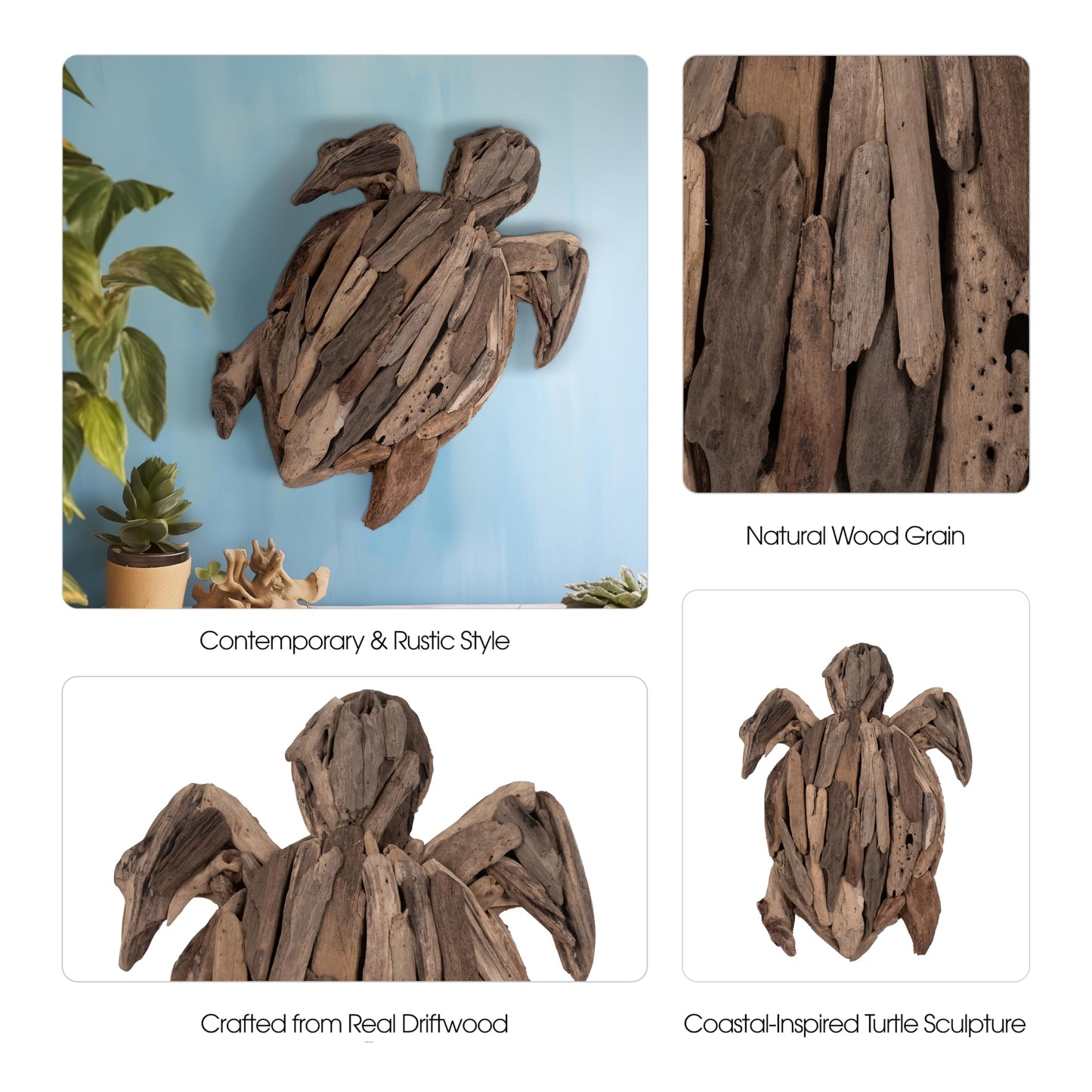 Wooden Driftwood Turtle Sculpture – Relaxed Coastal Room Decor Accent, Living Room or Patio Wall Display, Organic Texture and Artful Home Decor Silhouette – 16"x 22"x 3", Brown