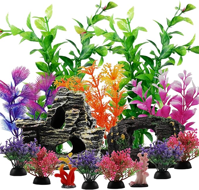 PietyPet Fish Tank Decorations Plants with Resin Broken Barrel and Cave Rock View, 15pcs Aquarium Decorations Plants Plastic,Fish Tank Accessories, Fish Cave and Hideout Ornaments, Aquarium Decor