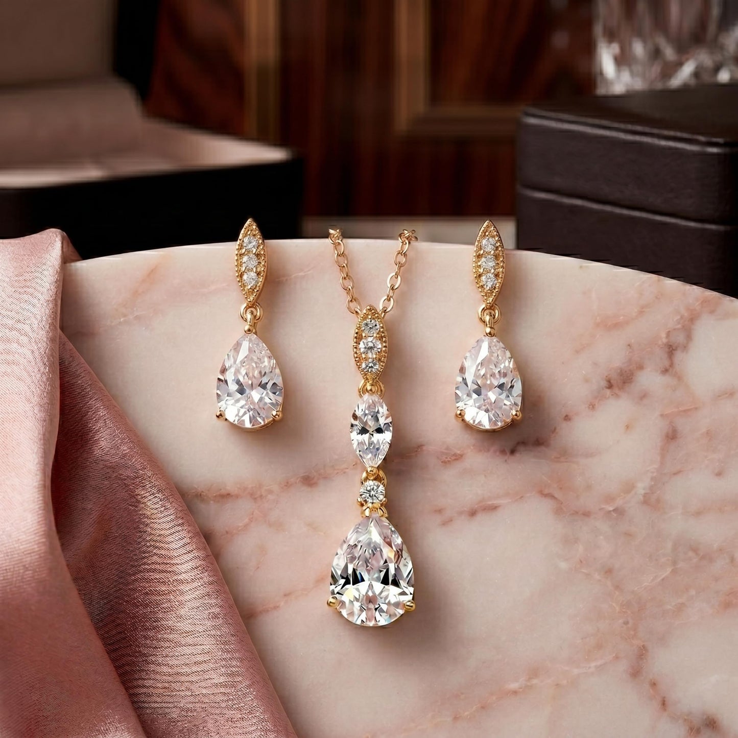 Mariell Bridal Wedding Necklace Earrings Set, 14K Gold Plating, CZ Crystal Pendant and Drop Earring for Brides, Bridesmaids