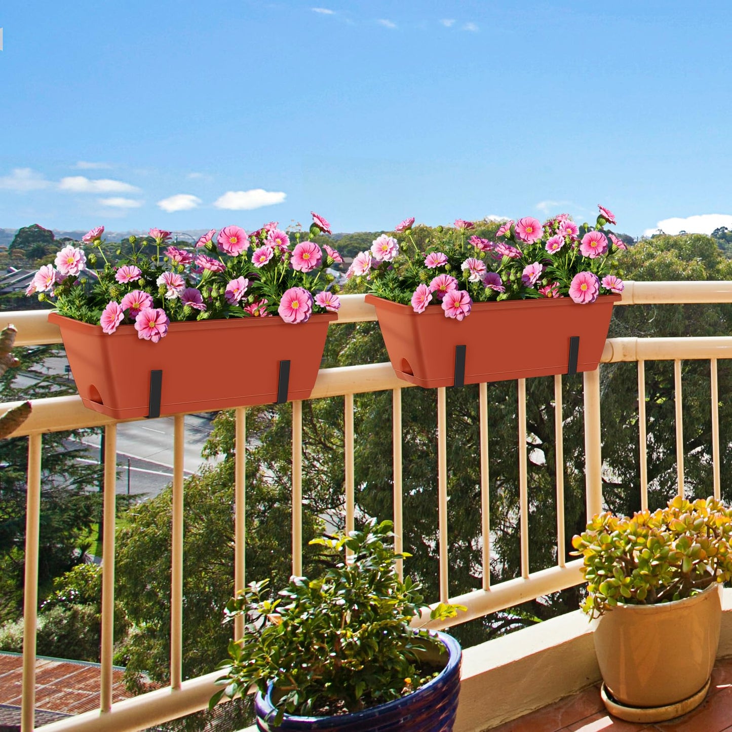 CADUKE Railing Planter Boxes Deck 2 Pack Railing Flower Box with Adjustable Bracket 17 Inch Window Boxes Rectangle Window Deck Hanging Planters Boxes for Outdoor Patio, Red