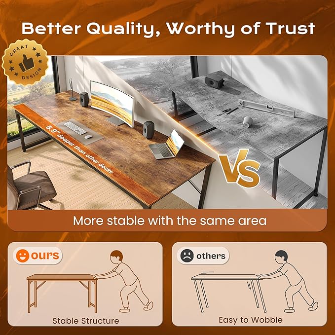 PRAISUN 70.8 X 29.5 Inch Computer Desk with Deeper Desktop, Gaming Office Writing Work Desk for Home Office, Study, Bedroom, Work from Home, Metal Frame, Rustic Brown