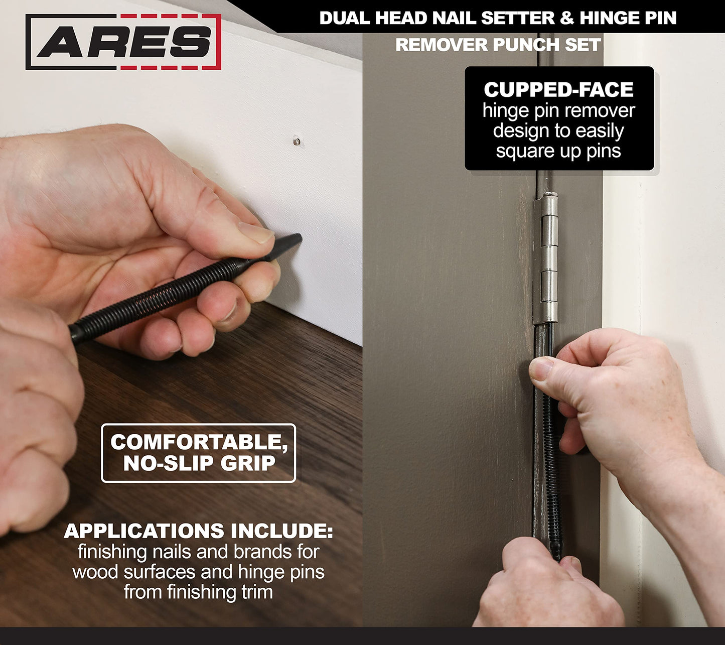 ARES 10012 – 2-Piece Dual Head Nail Setter & Hinge Pin Remover Punch Set – Nail Setter Features 1/32-Inch (#1) and 1/16-Inch (#2) Dual Head Design – CNC-Precision Machined - 5000 PSI Striking Force