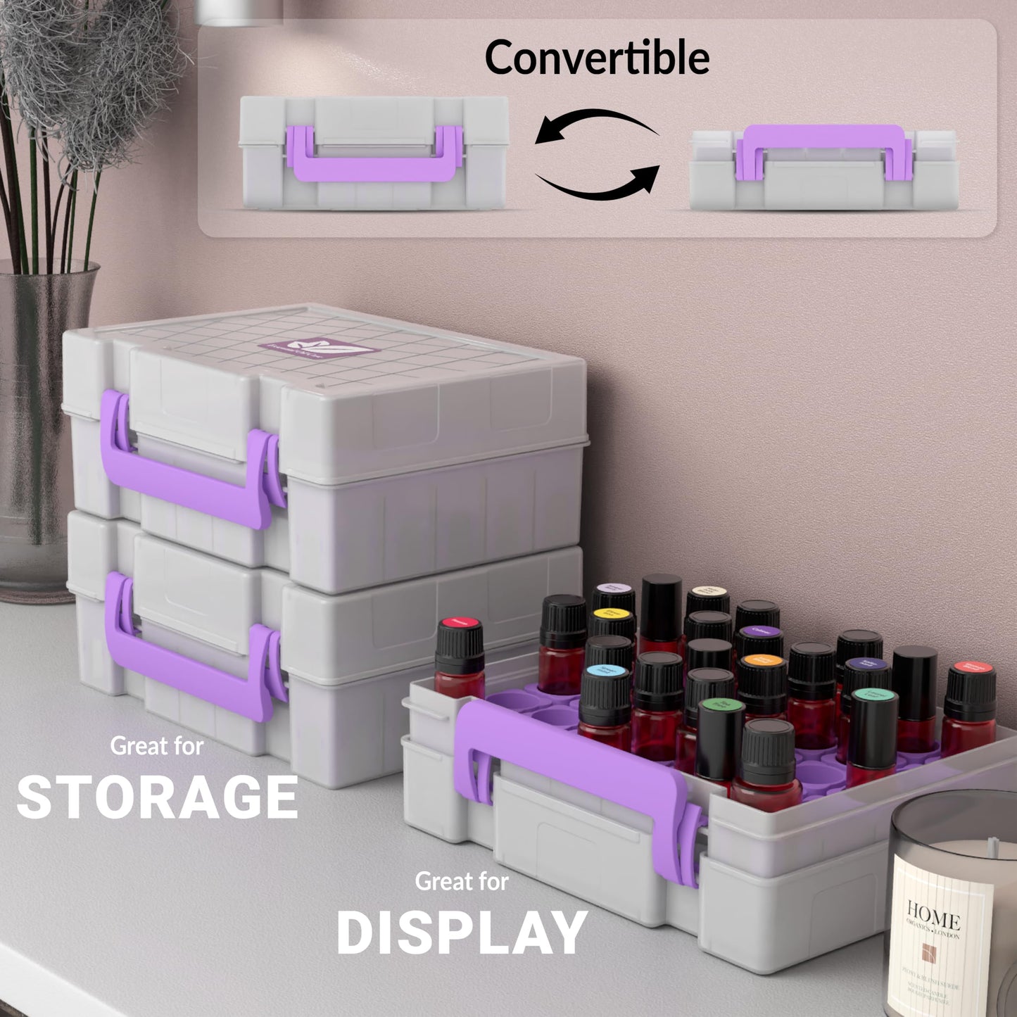 GPG2 Essential Oil Organizer for 35 Bottles, Hard Shell Storage Case with Shelf Display Lid & Travel Handle, Fits 5ml/10ml/15ml, Roller Bottles, Compatible with Top Brands, Lavender