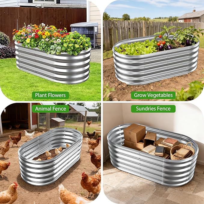 17" Tall Outdoor Garden Raised Garden Bed Kits, 4ft X 2ft Oval,0.8MM Thick Metal Raised Planter Bed/Ground Planter Box for Variety of Flowers,Herbs,Vegetables (Silver, 48X24X16.5 Inches)