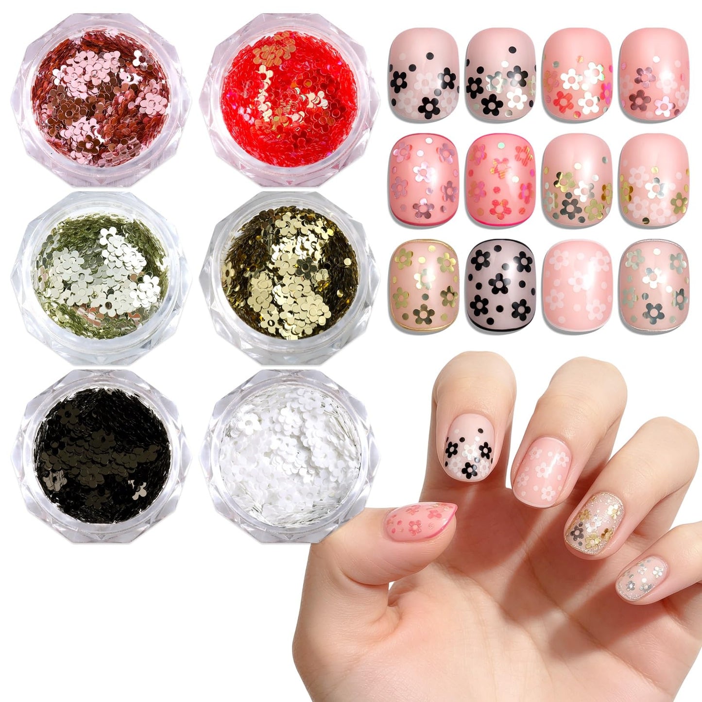SUTOKAKA 6 Colors Five-Petal Flower Nail Glitter Sequins for Spring Summer Manicure Art 3D Holographic Laser Floral Flakes Shiny Nail Decals for Fingernail Face Body Design