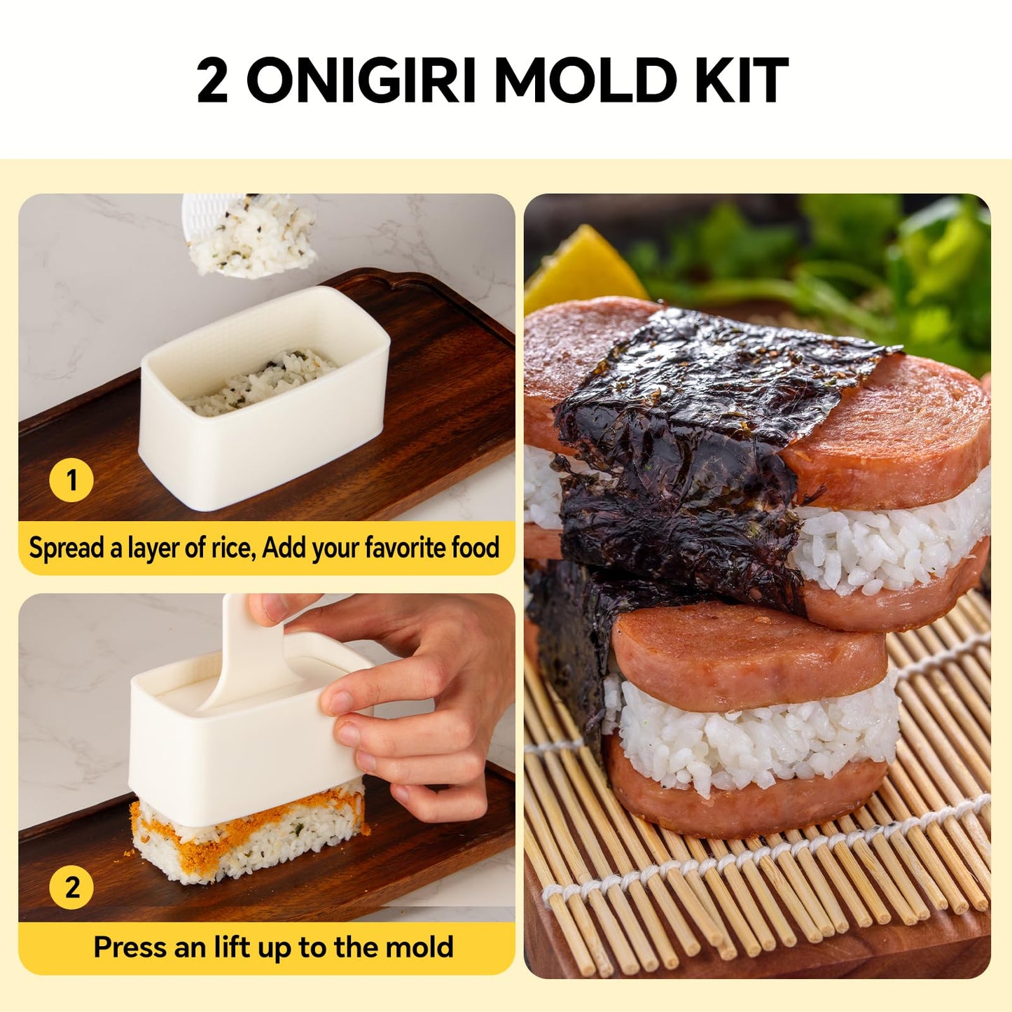 Musubi Press Mold Kit, Includes 2 Musubi Makers, 2 Onigiri Molds, 2 Rice Paddles, Temaki Roller & Luncheon Meat Slicer – Easy to Clean, Dishwasher Safe
