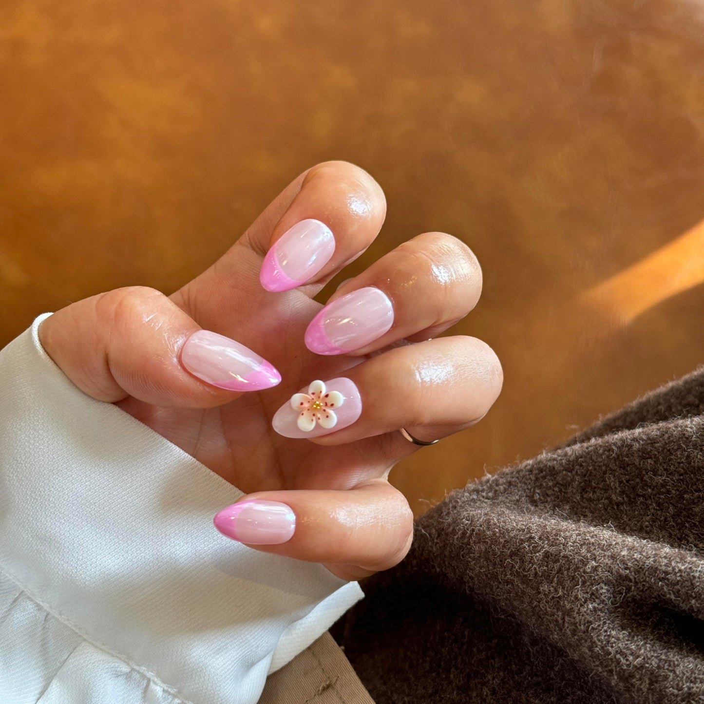 Hand made Press on Nails Medium Pink French Tip Almond Shape Glossy Finish 3D Flower Charms Fake Nails for Women 10 Count M Size