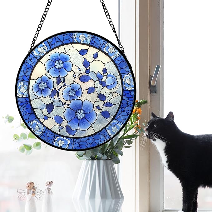 Stained Glass Window Hanging, Blue and White Plum Blossom Sun Catcher for Door Home Decor Flowers Suncatcher Christmas Mother's Day Birthday Gifts for Women Men Mom and Nana 9.8 in