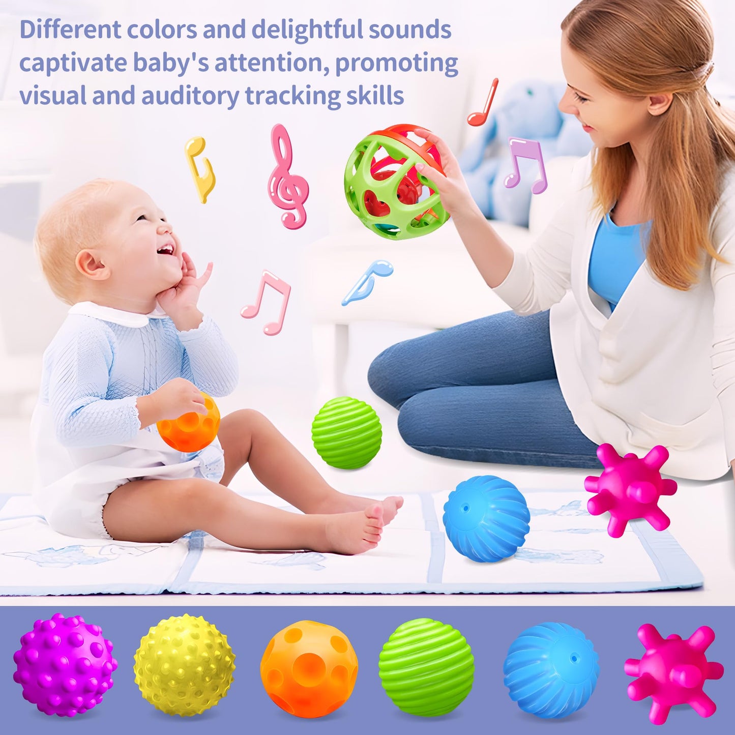 Montessori Toys Bundle – Sensory Balls for Toddlers & Silicone Blocks 24PCS, Multiple Textures Hand Catching Baby Balls, Baby Rattle 3-6 Months, Stacking Soft Blocks for Babies 1-3, Educational Play