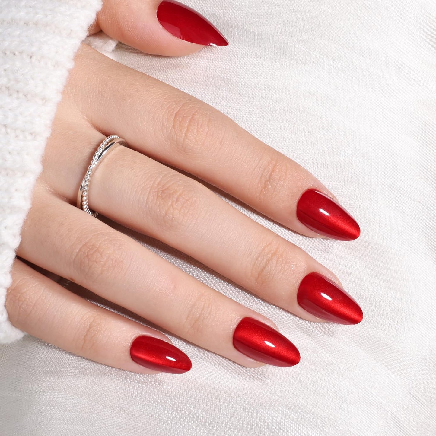 Leefrei Cherry Red Cat Eye Press On Nails - Short Almond Red Cat Eye Glow False Nail Tips Women, DIY Glossy Fake Nails Kit with Glue, Reusable Nails Short in 16 Sizes - 32pcs, Cherry Catseye