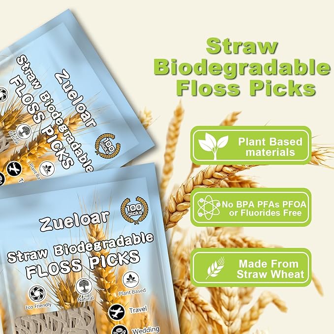Straw Biodegradable Dental Floss Picks 200 Count,Zueloar Eco Friendly Natural Vegan Plant Based Floss Sticks,Tooth Flosser Clean for Adults Kids Oral Gum Care (200)