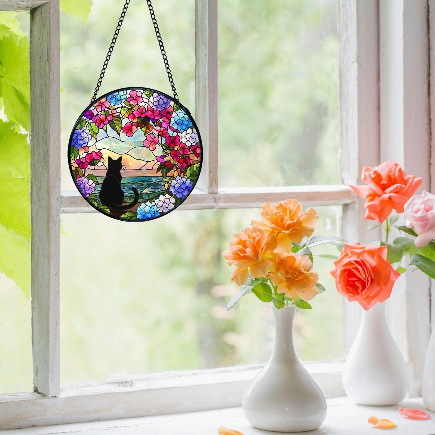 FUGWN Black Cat Hydrangea Flower Stained Glass Window Hanging, Black Cat Sun Catchers Indoor Window Round Glass Wall Art Decor, Cats Floral Suncatcher Wall Hanging Decorations, Lawn Care