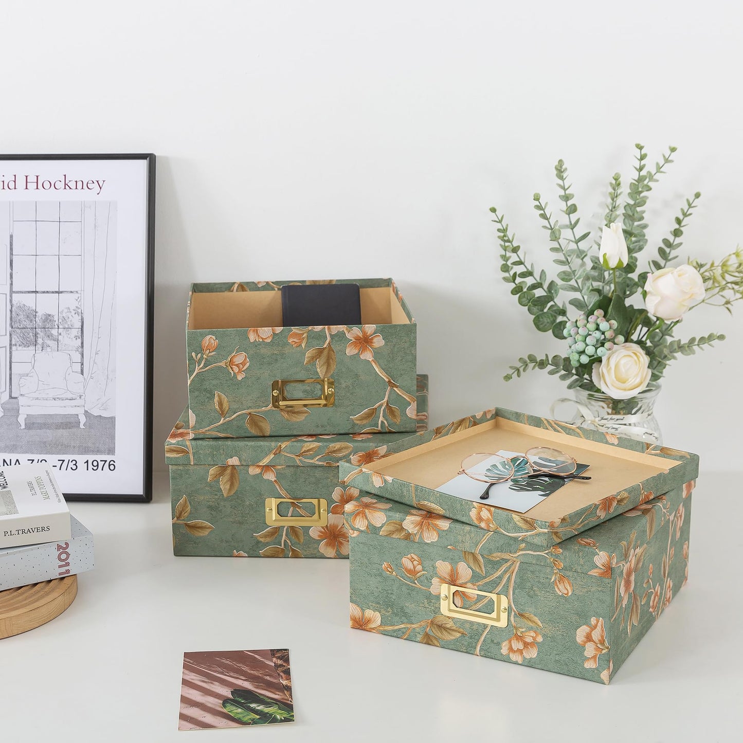 Soul & Lane Decorative Cardboard Storage Boxes - Set of 3 Square Stacking Boxes with Lids and Gold Label Holders, Nesting Photo Storage for Decor and Organizing, Botanical Sage