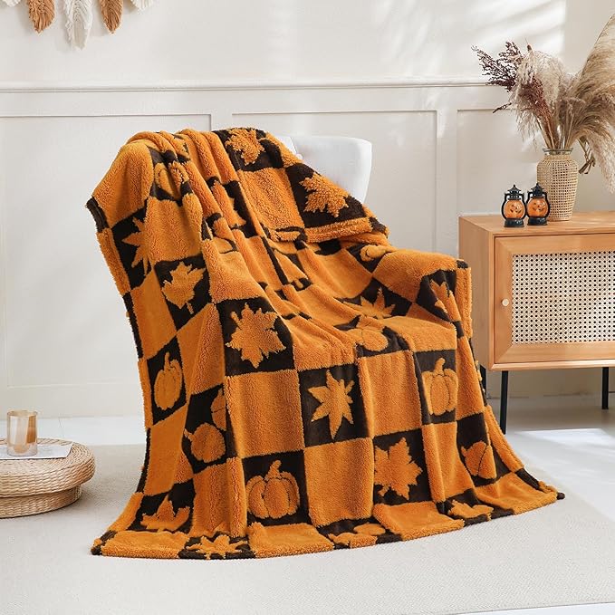 SOCHOW Fall Decor Jacquard Throw Blanket, Fuzzy Soft Warm Pumpkin Maple Leaves Plaid Autumn Checkered Blanket for Couch, Sofa and Bed, 50 x 60 Inches, Orange/Black
