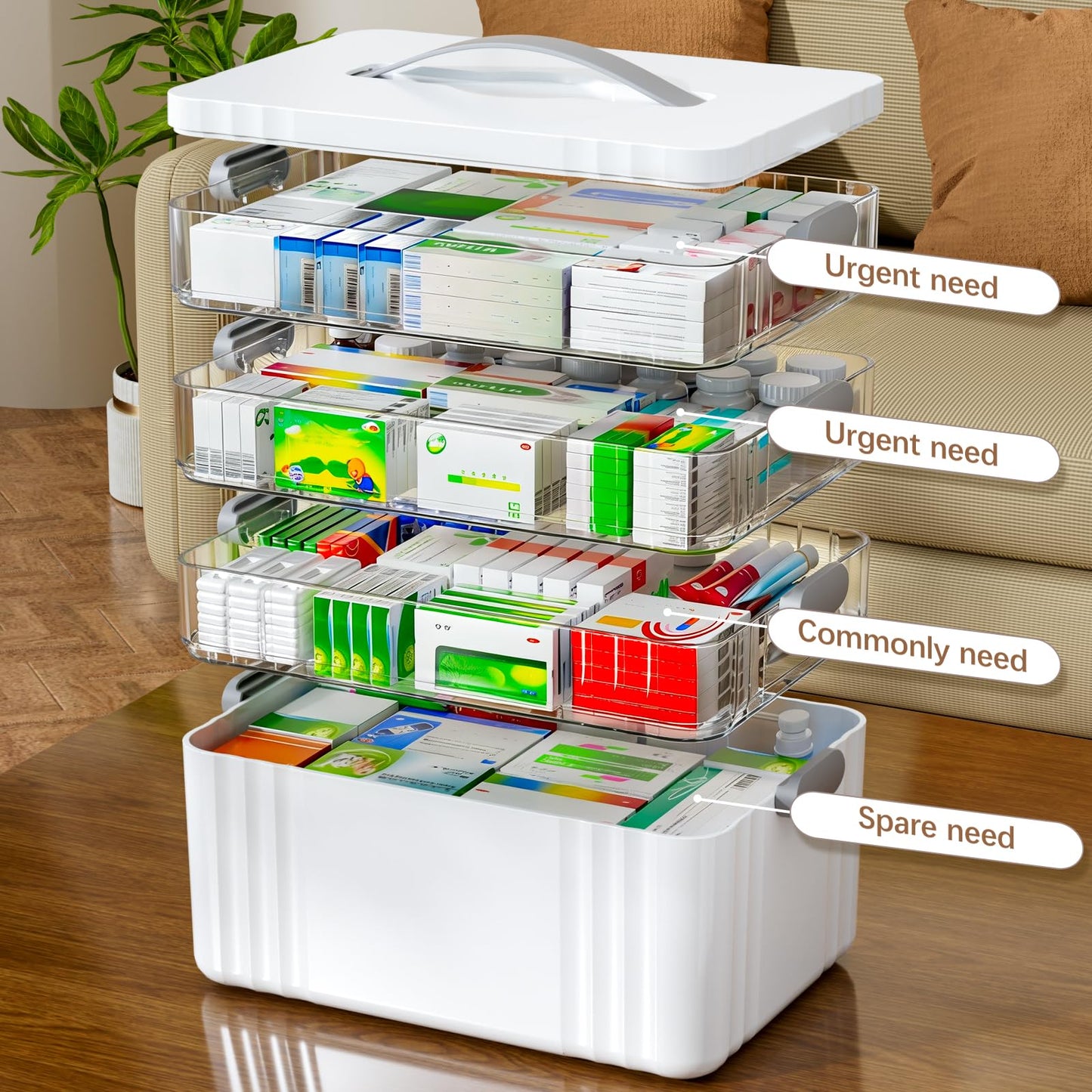 ARSTPEOE 4-Tier Medicine Organizer - Portable Medicine Cabinet with Plastic Handle, Multipurpose Medical Box, Empty First Aid Kit for Home