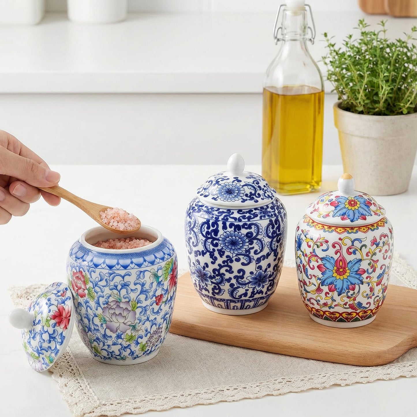 Okllen Set of 3 Small Blue and White Porcelain Salt Cellar with Airtight Lid, 250ml/ Approx. 1 Cup Sugar & Salt Crock Container Ceramic Spice Jar for Kitchen Countertop