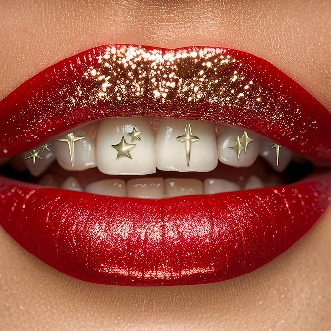 Halloween Tooth Bling Tattoo – Temporary Tooth Gem Kit for Teeth – Safe for Teens & Adults, Removable Fun Fake Tooth Tattoo Stickers for Halloween Costume, Party & Cosplay (Gold Sparkles)