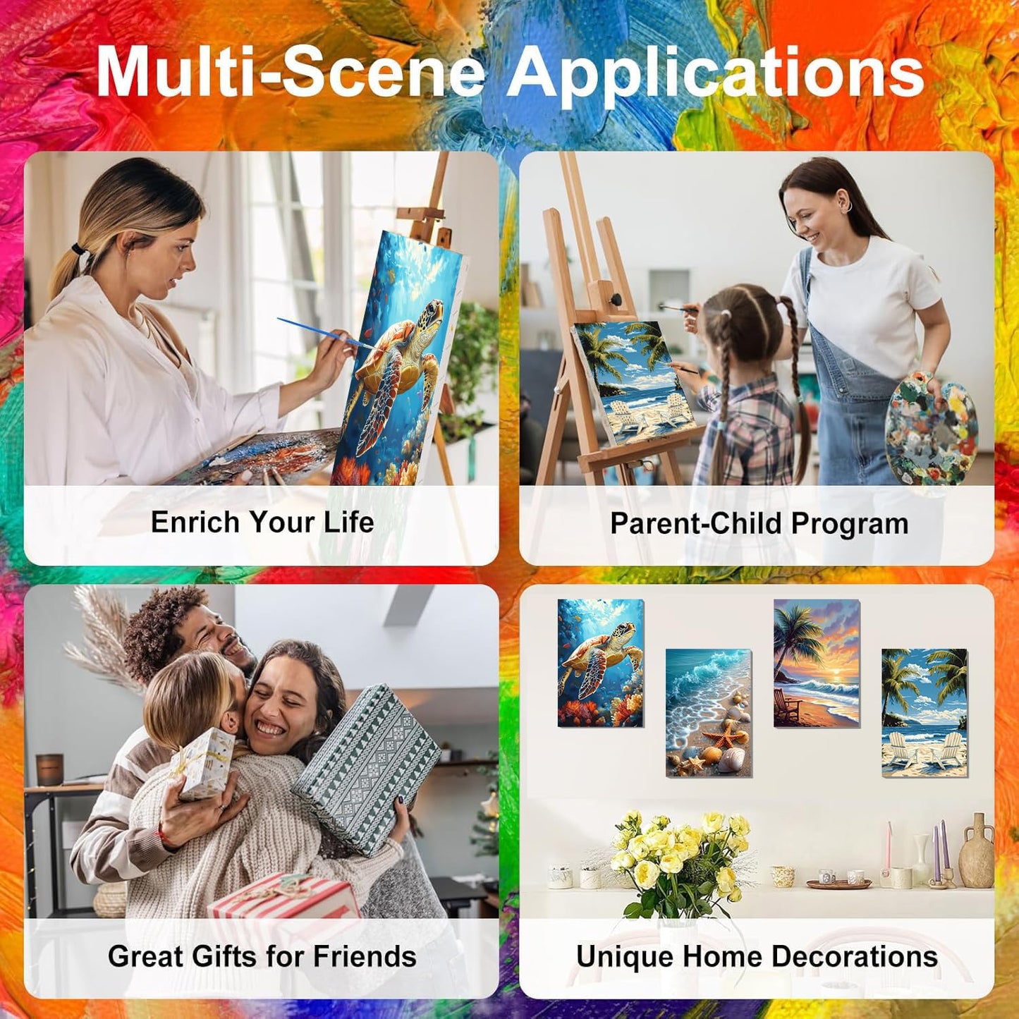 4 Pack Paint by Numbers for Adults with Framed Canvas - with Wooden Easel, Beach Paint by Number on Canvas, DIY Sea Turtle Acrylic Oil Painting Kits with Brushes for Home Wall Decor (8x12 inch)