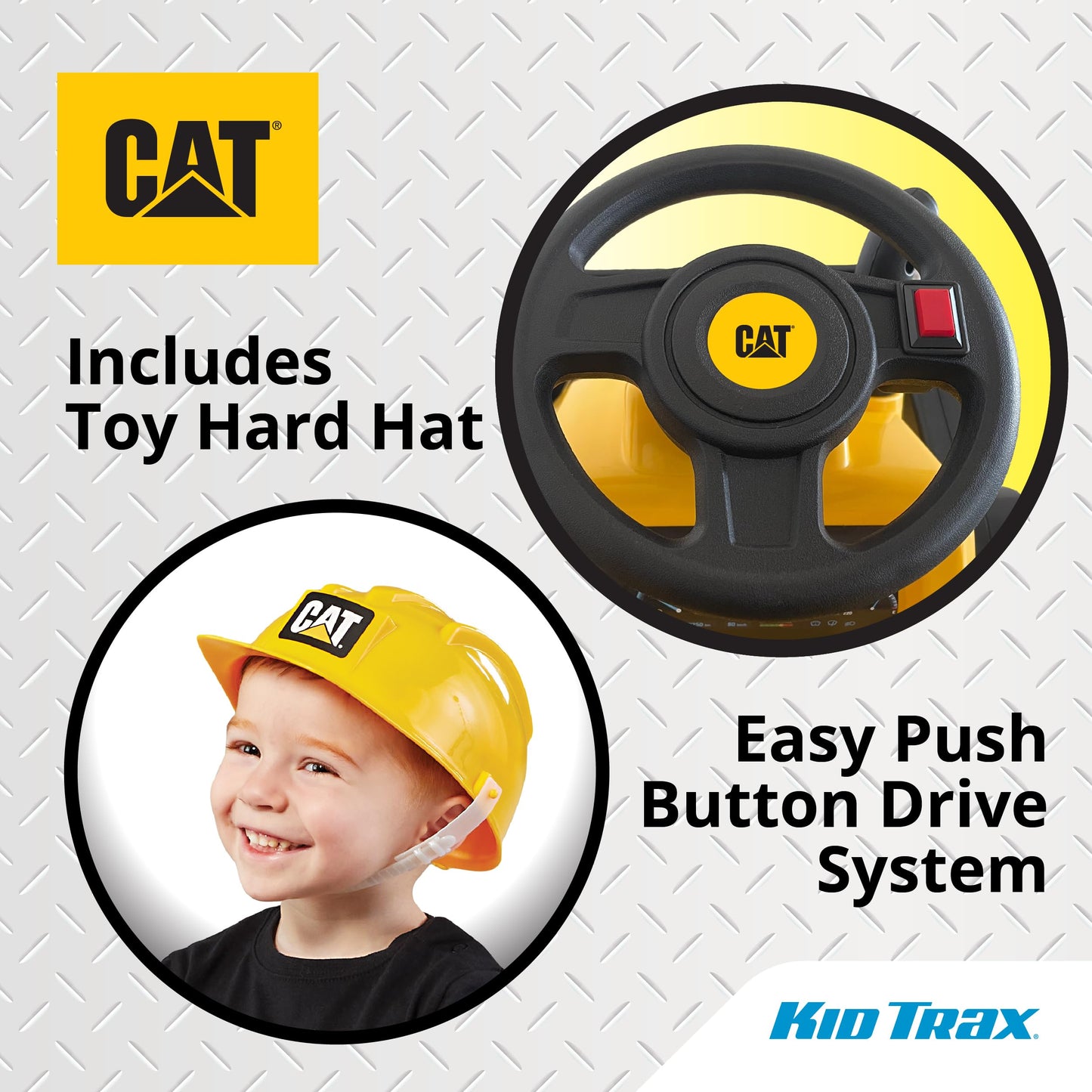Kid Trax 6V CAT Frontloader Ride-On Toy for Kids, Ages 18-36 Months, Max Weight 44 lbs, Easy Push Button Drive System and Pull Front Bucket Lever, Includes Toy Hard Hat