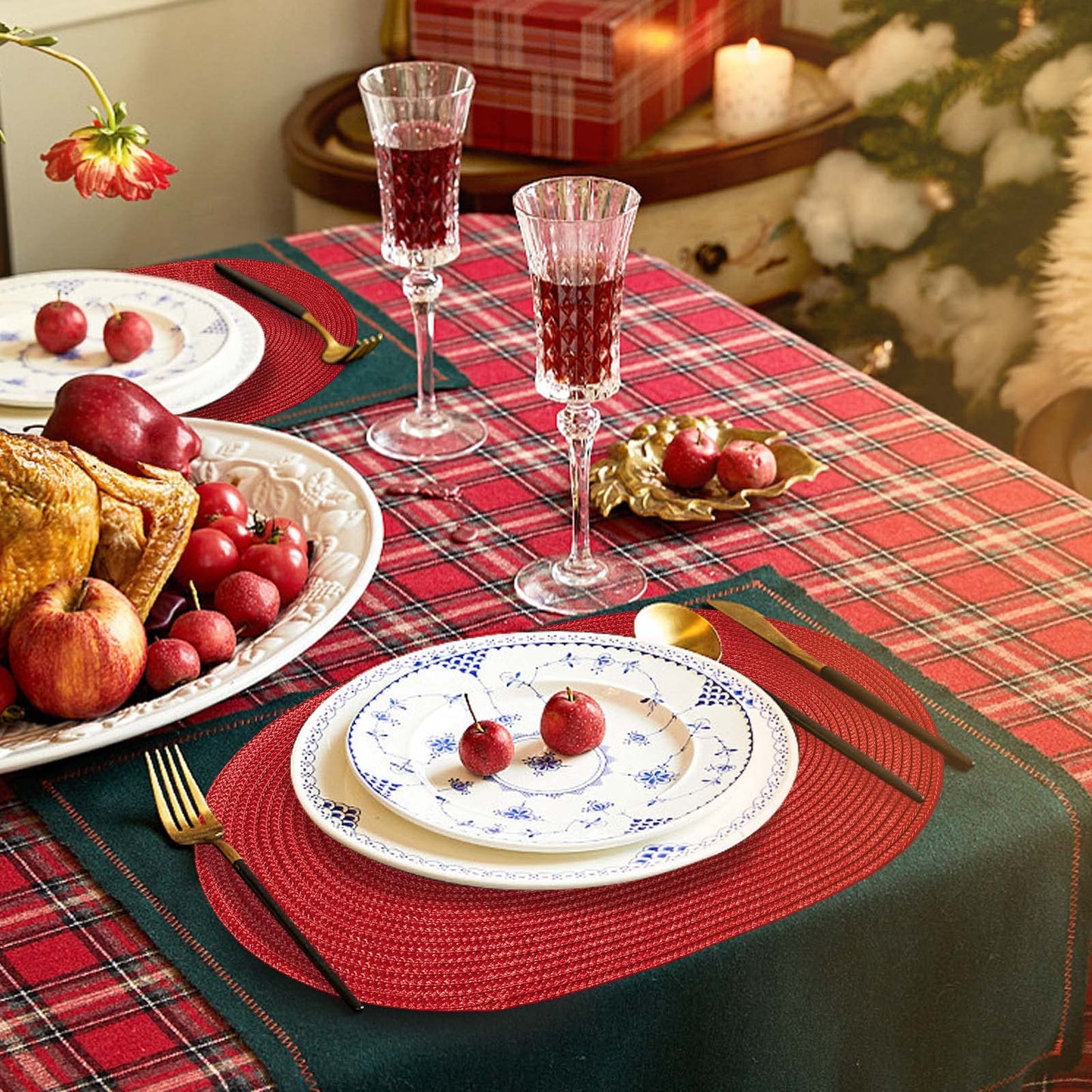 AHHFSMEI Placemats Set of 6 for Dining Table Washable Woven Non-Slip 18x12 inches Placemat Heat-Resistant Durable Table Mats for Dining Table Easy to Clean (Oval red, 6)