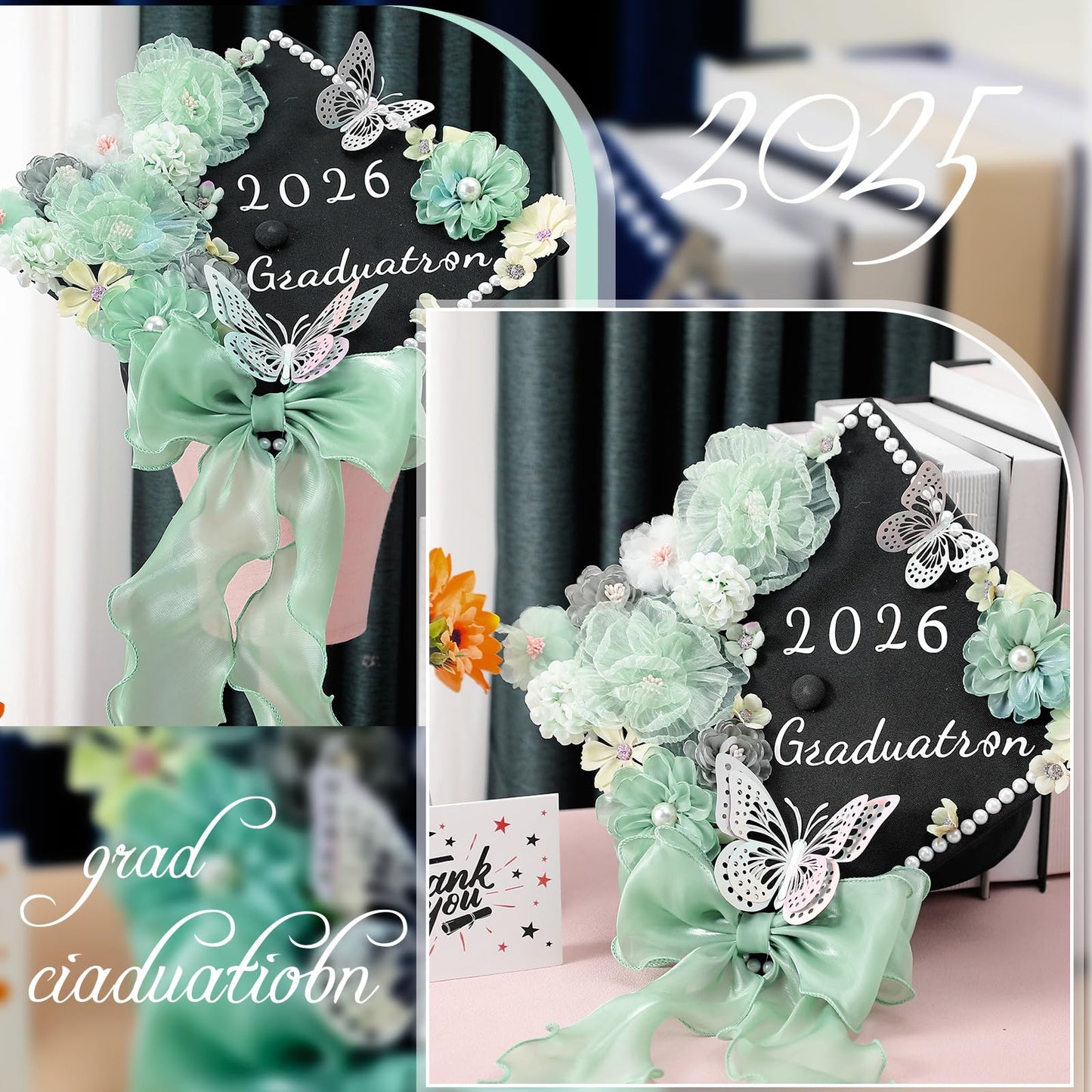 Solsew 35 Pcs DIY Graduation Cap Decorations Accessory Kit, 3D Artificial Flowers, Butterfly & Alphabet Letter Stickers, Pearl Stickers, Bowknot for Grad Hats Decor(Green)