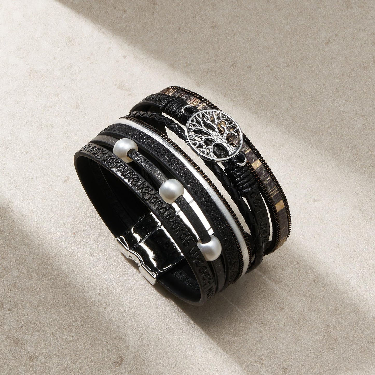 QIUTIMIY Leather Bracelets for Women Trendy Boho Cuff Bracelet Layered Bangle with Clasp Hand Wrist Jewelry Western(Style 5-Black)