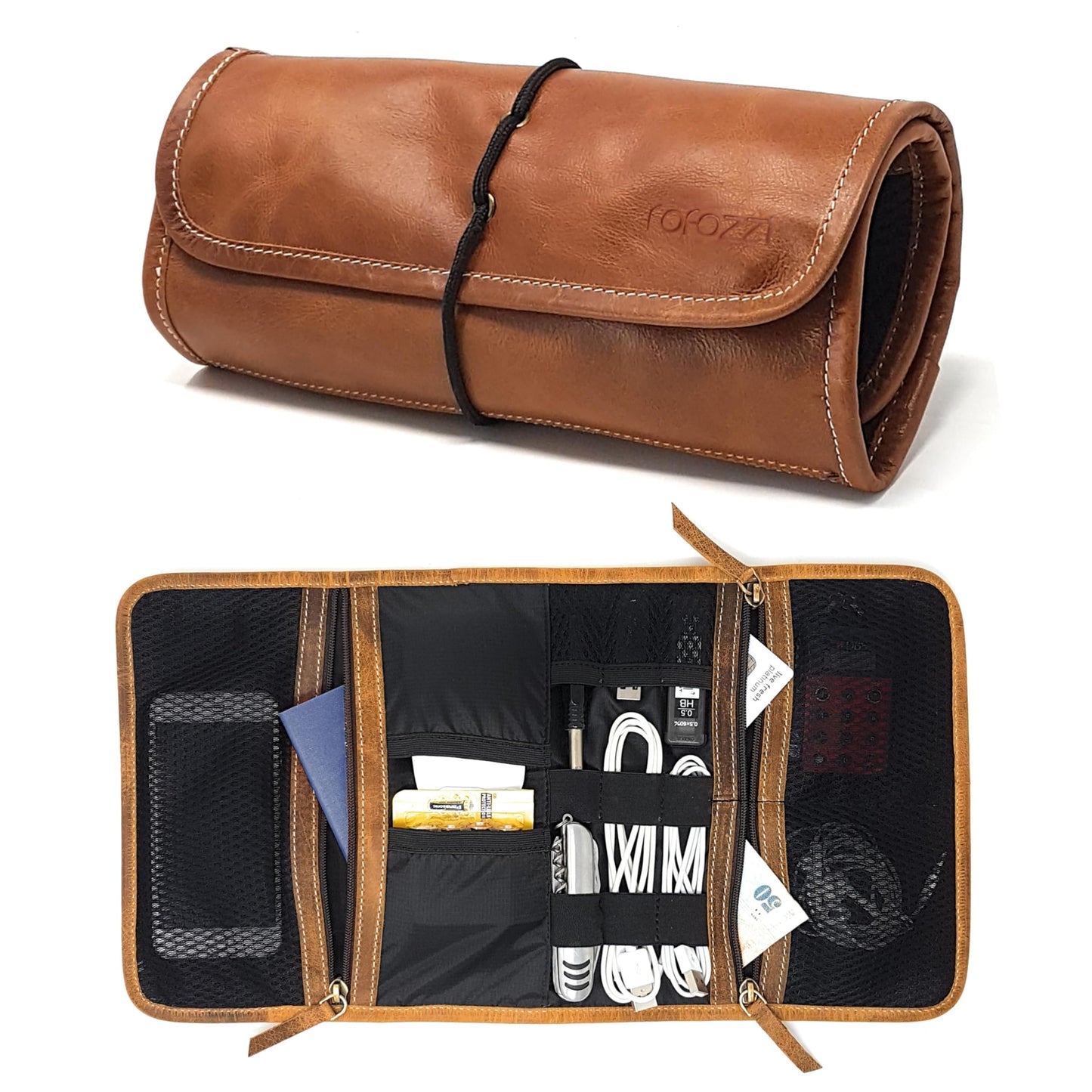 rofozzi Leather Tech Pouch, Passport Holder for Travel, Cables Organizer Roll, Mesh Zippered Pockets for USB Drive, Phone, Battery, SD Card, SIM Card