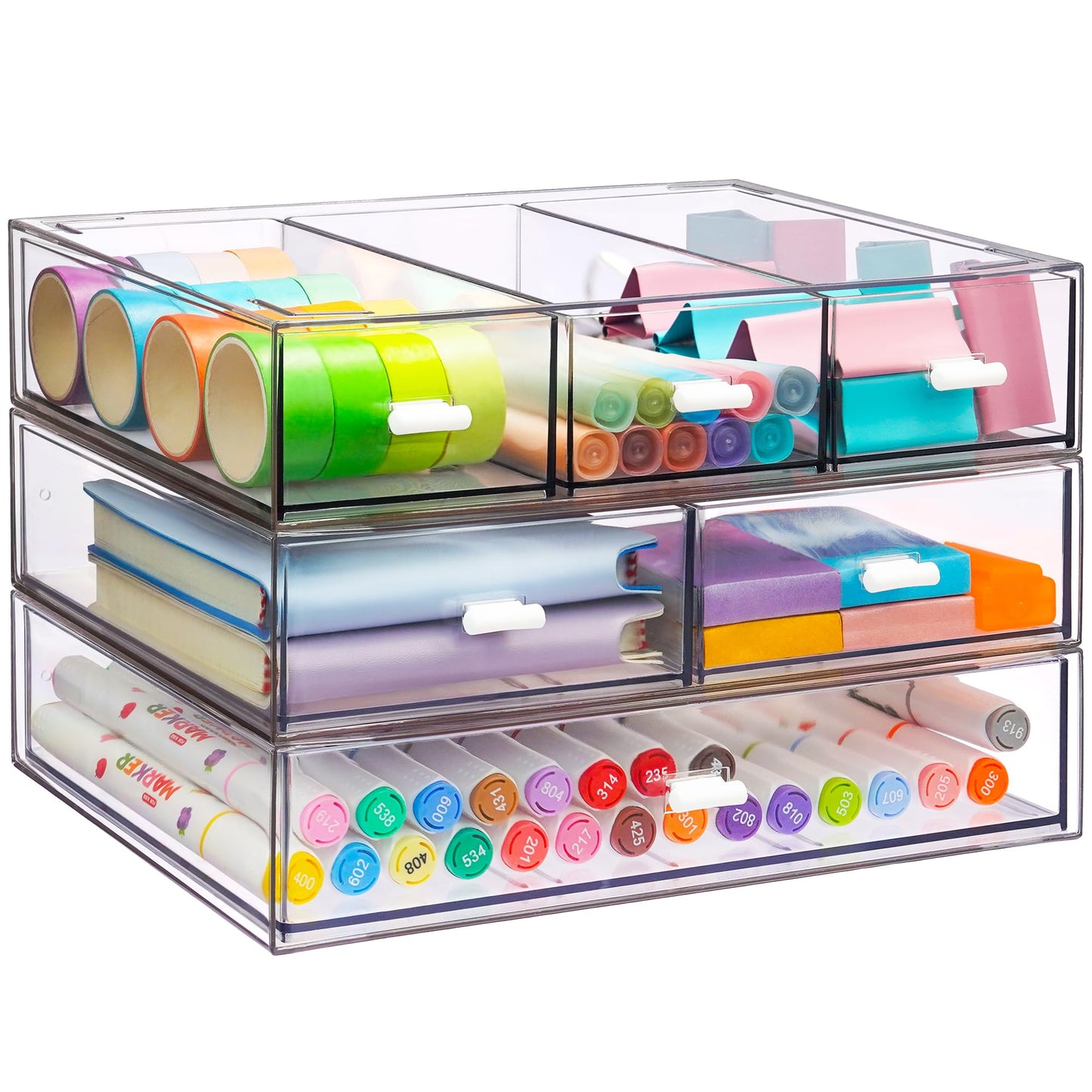 3 Tier Stackable Desk Organizer with 6 Drawers, YOCOMEY Plastic Desktop Storage Box Drawers, Detachable Makeup Storage Office Stationery Supplies Organizer for Office School (All Clear)