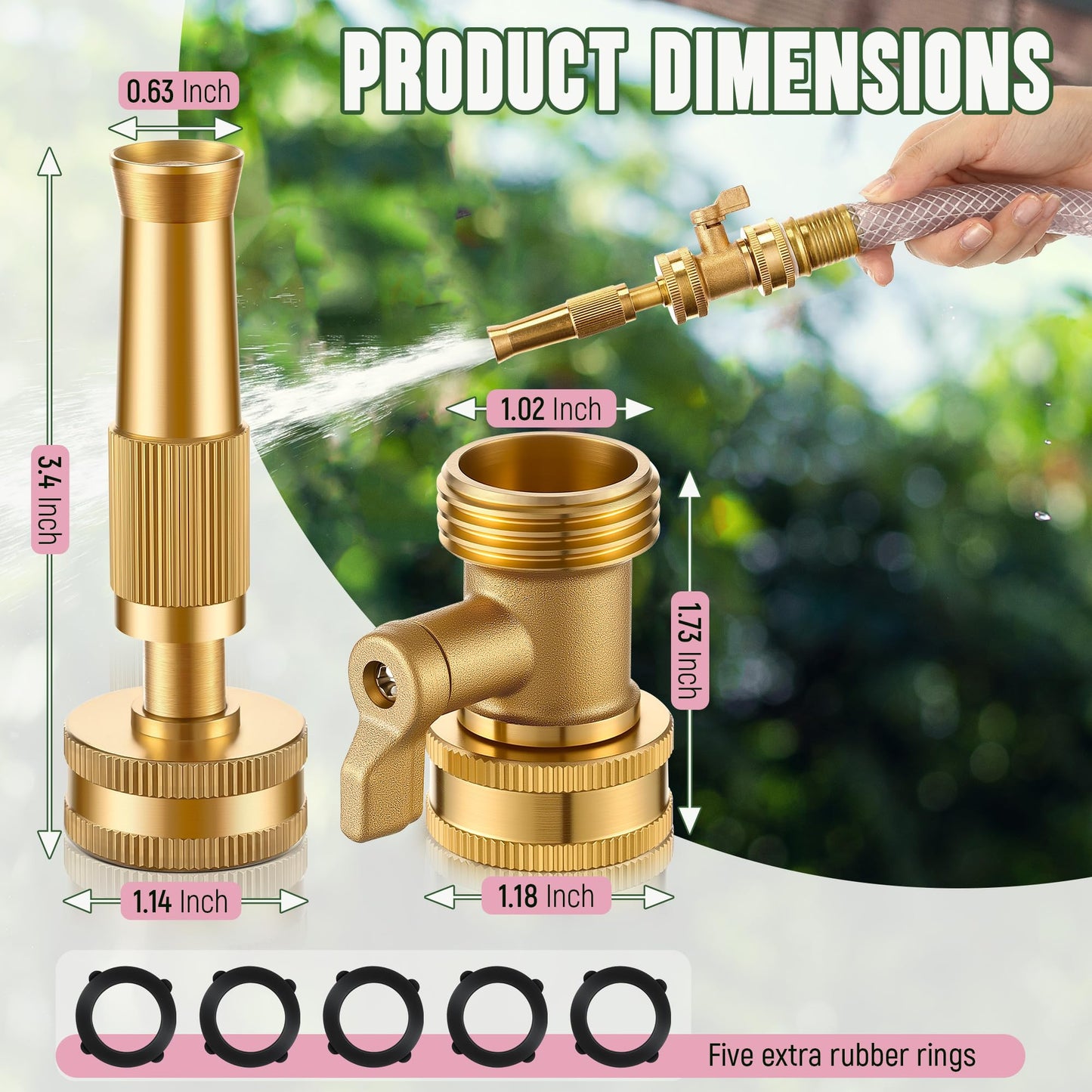 Dunkive Adjustable Twist Hose Nozzle, Heavy duty Brass Garden Hose Nozzle, Solid Shut off Valve, Varied Water regulation mode, Leakproof Design 3/4" GHT Connector with 5 Extra Rubber Washers