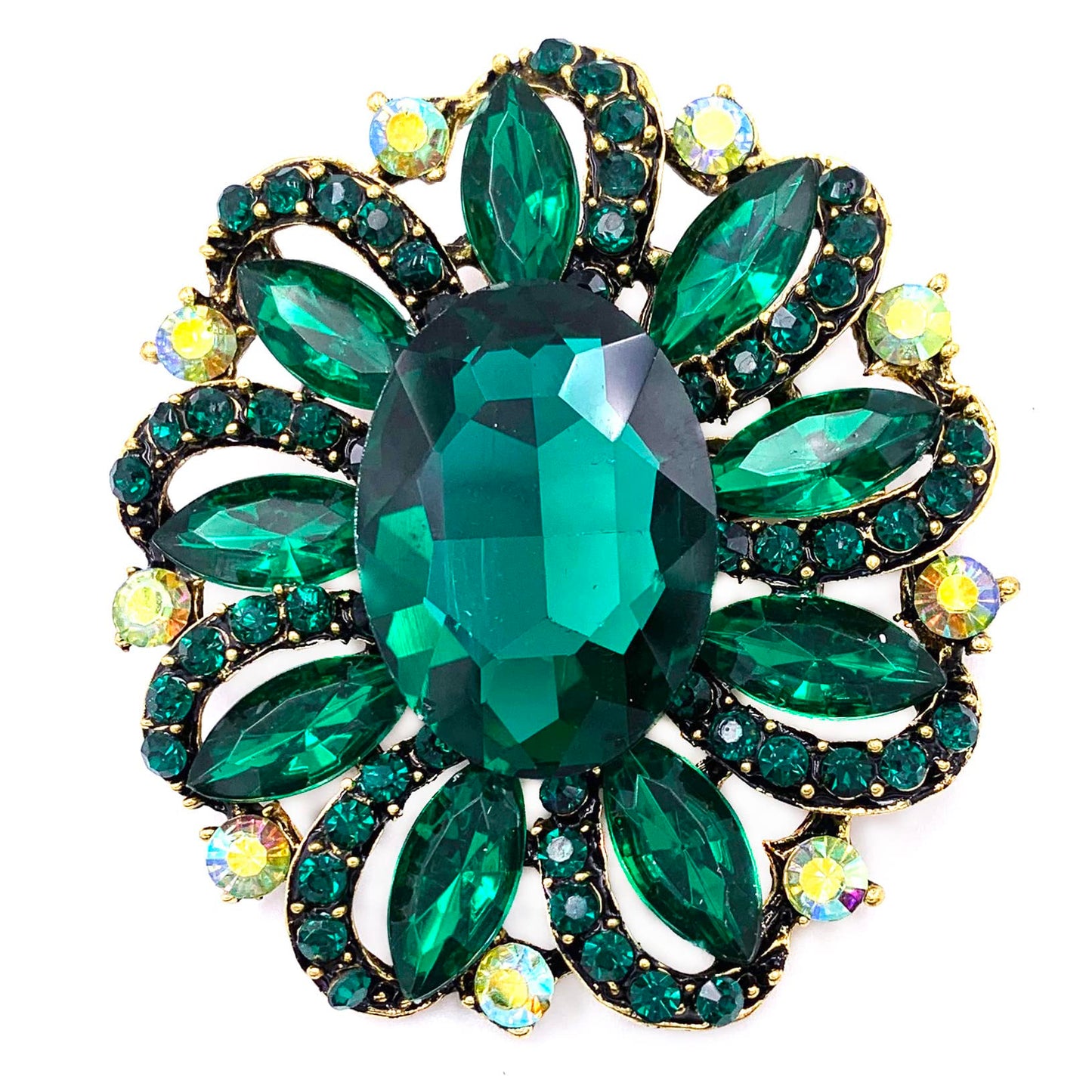SELOVO Marquise Shape Flower Green Brooch Pin Accessory Antique Gold Tone