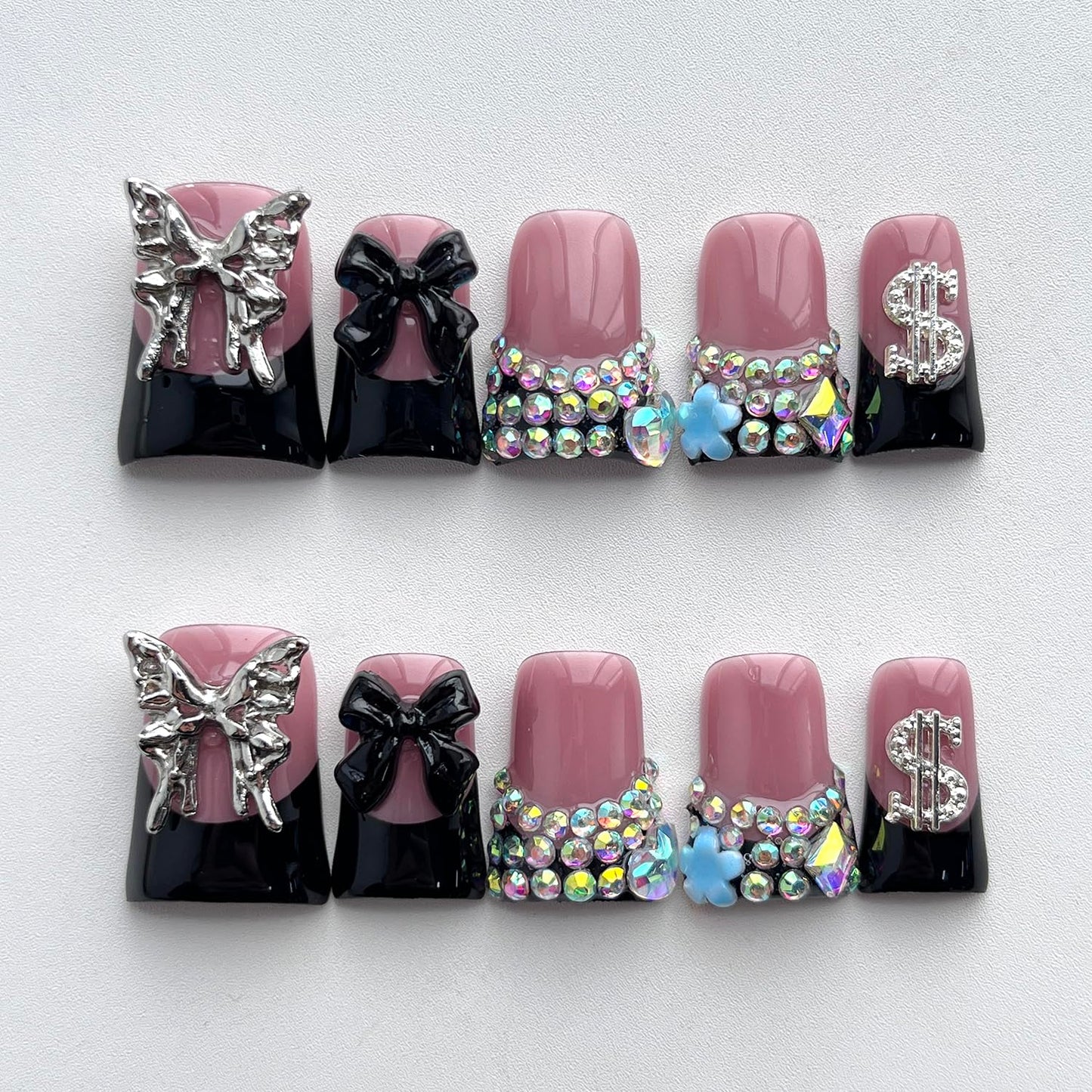 French Tip Press on Nails Handmade Short Duck 3D Flower Thick Acrylic Nails Black False Nails with Bow Rhinestones Butterfly Designs Cool Glossy Fake Nail Sturdy Art Press on Nail 10Pcs(M)