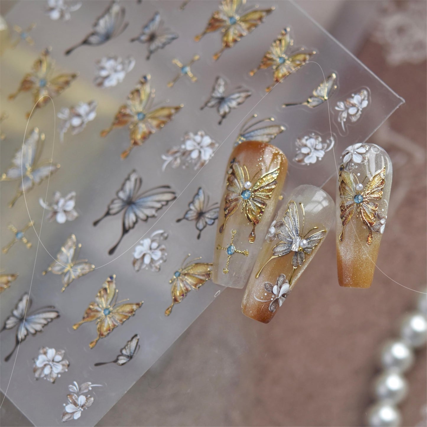 Phuryllic 3D Nail Stickers for Nail Art, Embossed Self-Adhesive Cute Nail Charms & Decals for DIY Nails, Easy-to-Apply Nail Design Supplies & Accessories for Home Manicure-Baroque Golden Butterfly