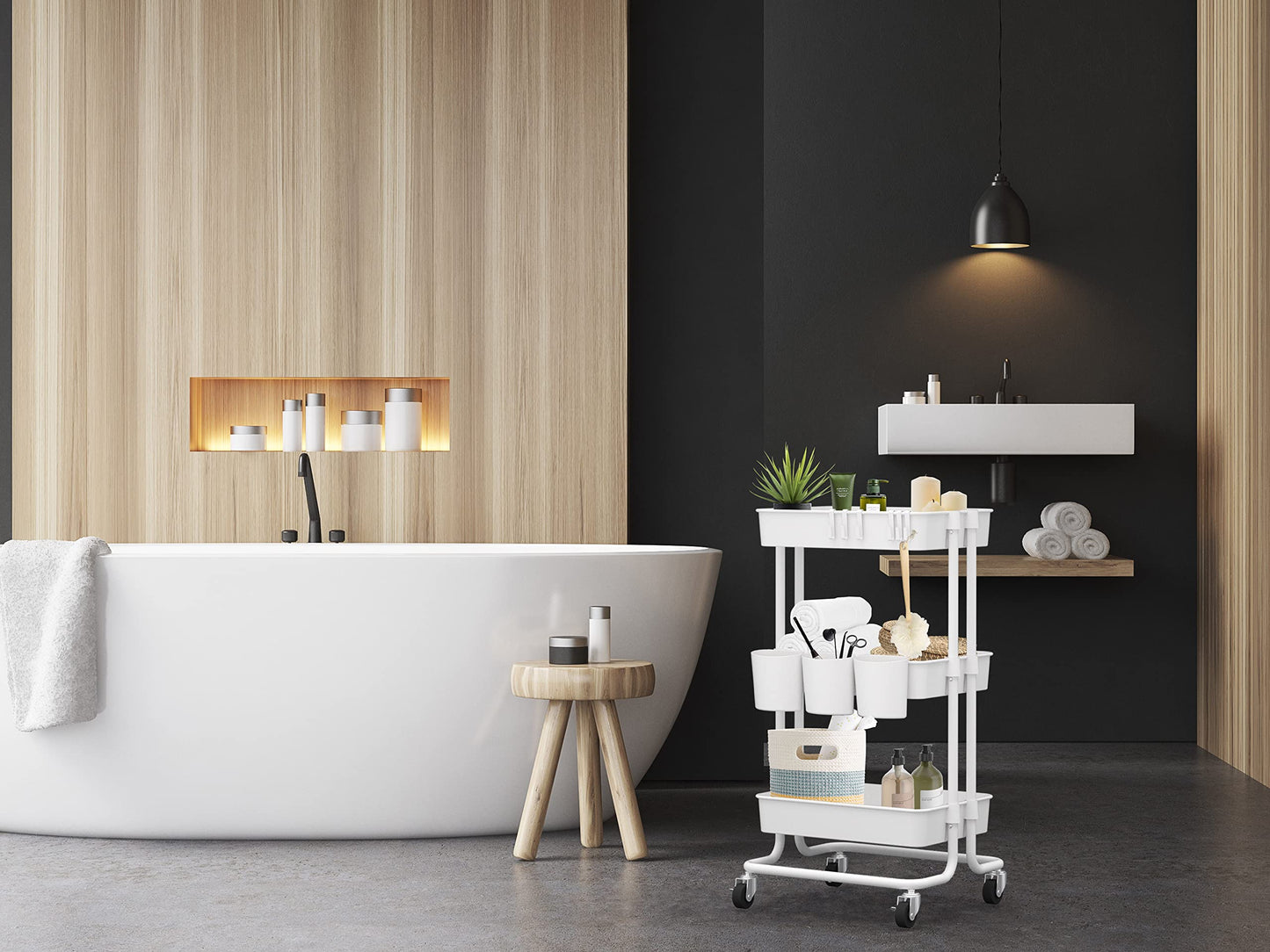CAXXA 3-Tier Rolling Storage Organizer with 3 Small Baskets - Mobile Utility Cart with Caster Wheels (White)