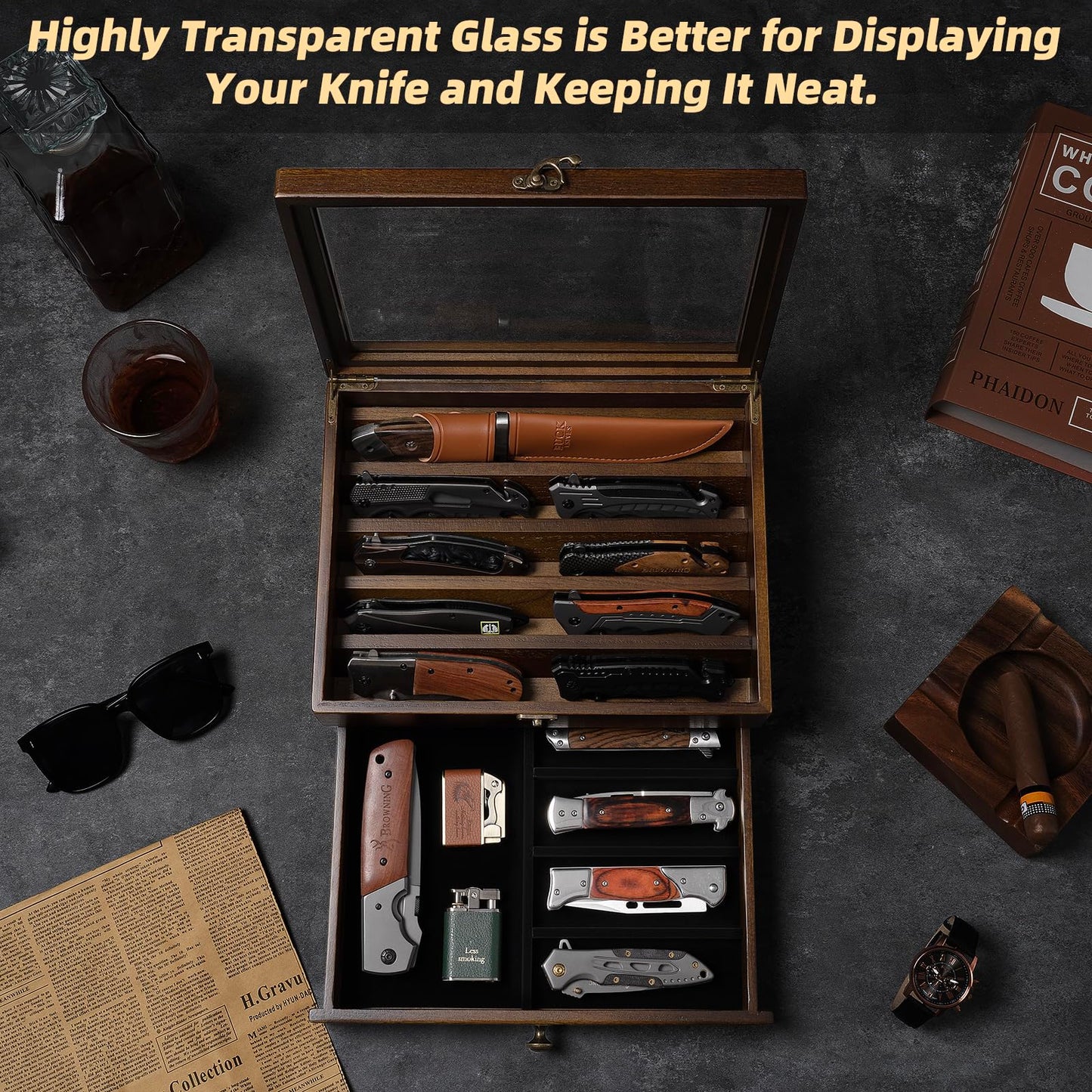 Knife Display Case Knife Collection Display Holder with Glass Lid, 2-Layer Wooden Pocket Knife Case with Drawers