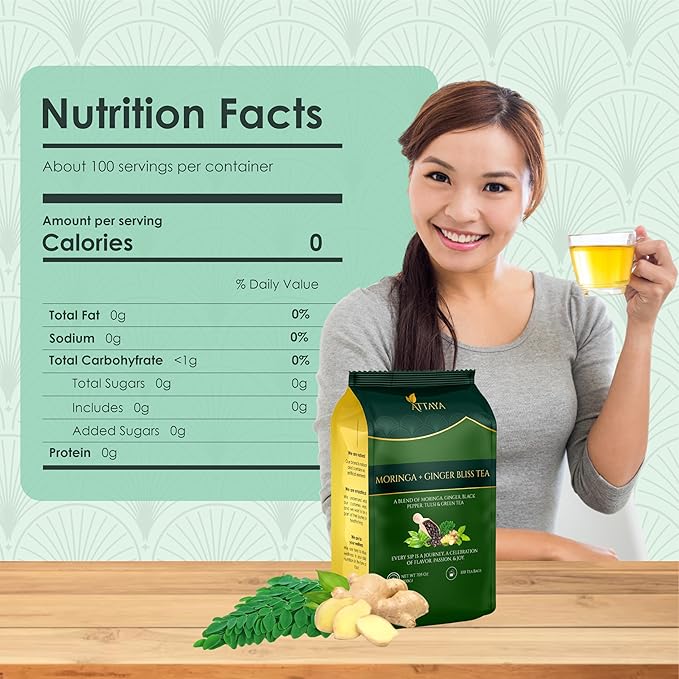 Attaya Moringa Ginger Bliss Tea – 35 Pyramid Bags | Antioxidant Superblend for Energy, Metabolism & Immunity | Moringa • Ginger • Tulsi • Black Pepper • Green Tea