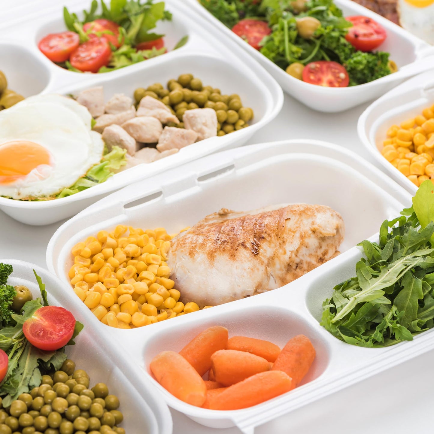 Freshware Compostable Clamshell Food Containers [8x8"] 3-Compartment 50-Pack, Disposable Containers, Biodegradable Sugarcane to Go Boxes - Paper Food Containers - Microwave & Freezer Safe, Stackable