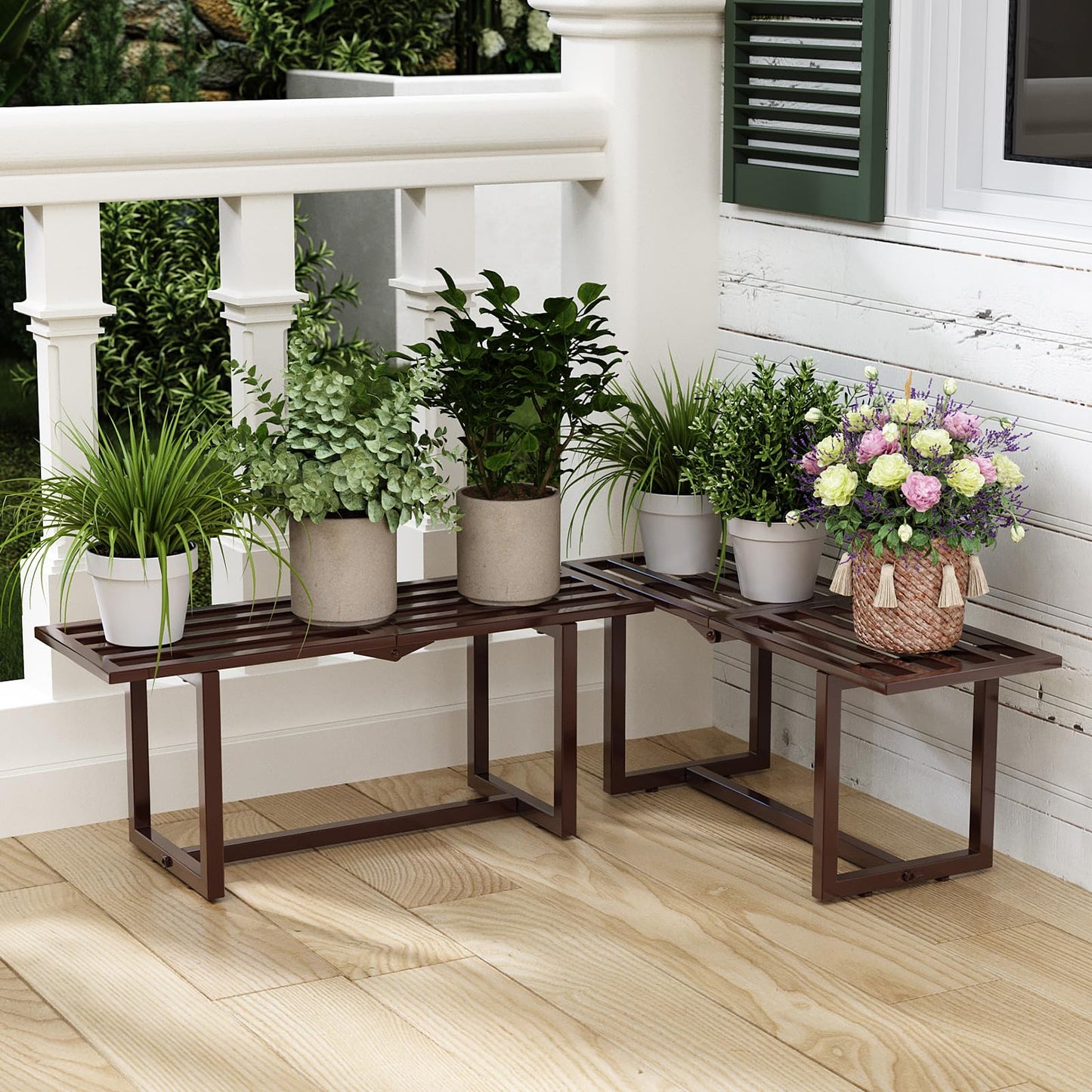 Rioneta 2-Pack Elegant Mid-Century Modern Metal Tiered Plant Stand Robust 330 lbs Capacity Versatile Indoor Outdoor Display for Living Room, Patio & Balcony Coffee
