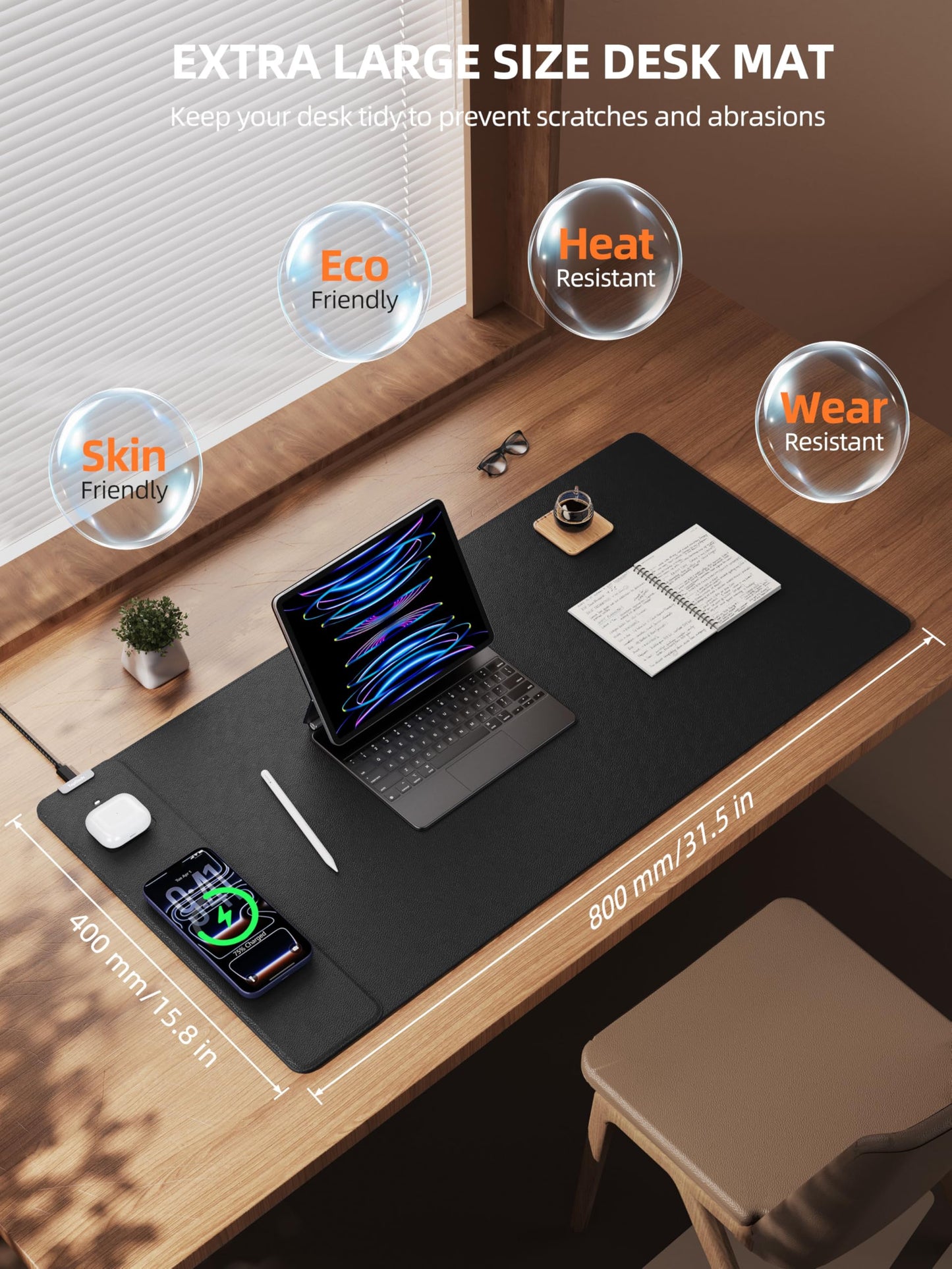 TopMade Mouse Pad with 15W Wireless Charging, XXL Large Leather Desk Mat, Waterproof Gaming Mousepad Home Office Desk Pad Protector, Computer Keyboard Pad, Mouse Mat for MacBook, PC, Laptop, Black