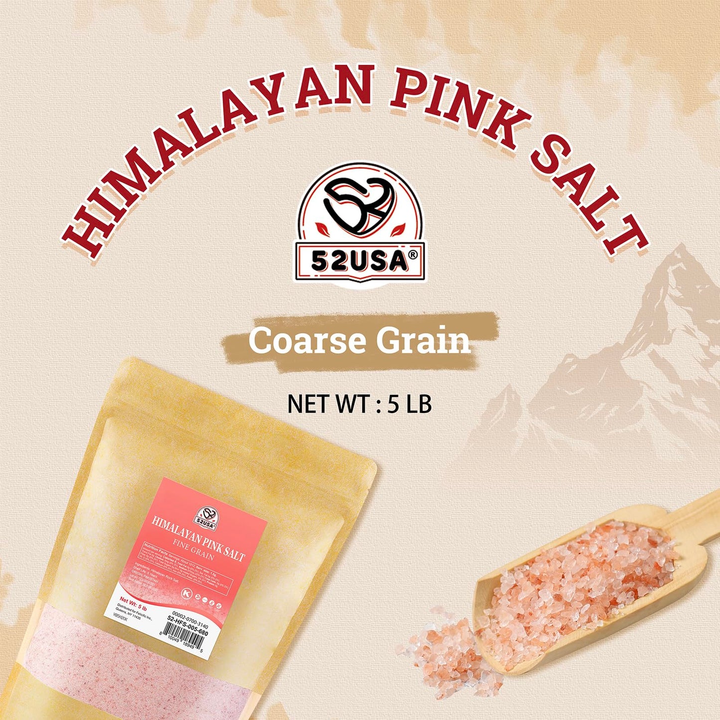 52USA Himalayan Pink Salt, Coarse Grain, 80 oz (5 Pound), Pink Himalayan Sea Salt, Sea Salt for Grinder Refill, Kosher Salt