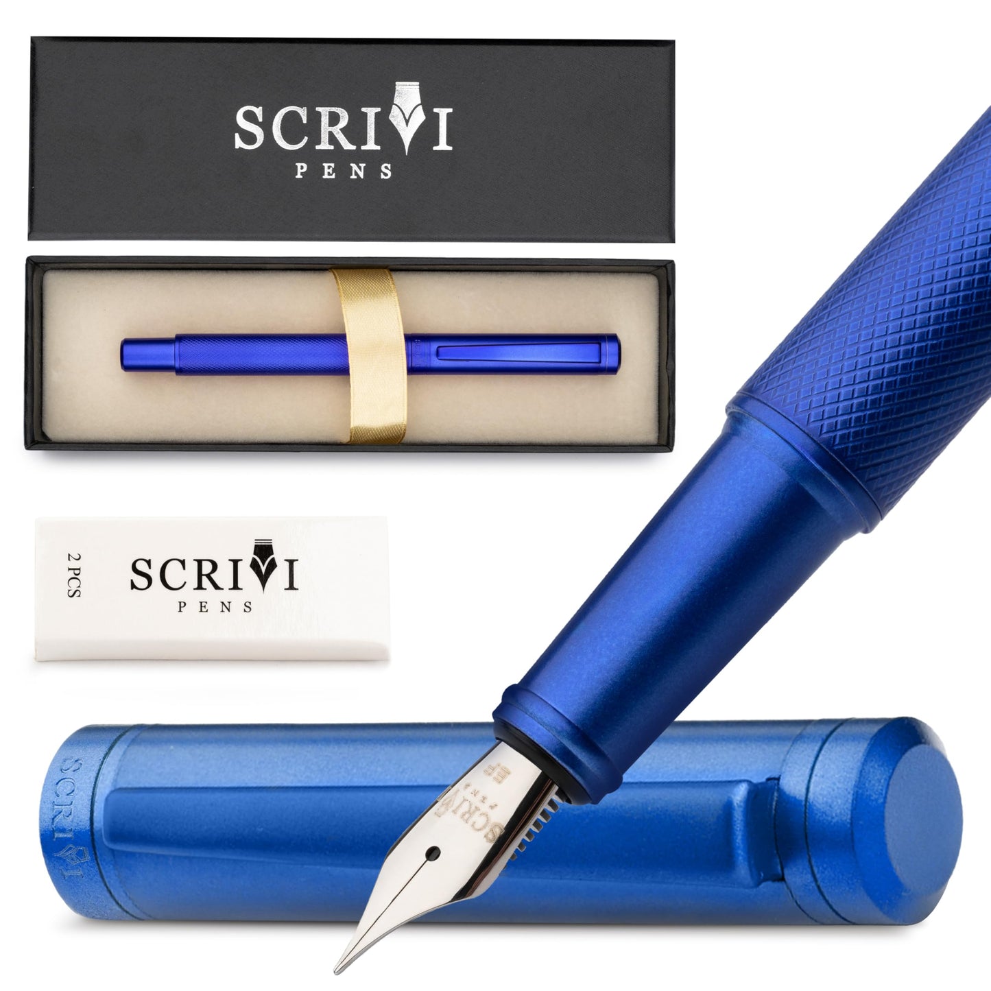 SCRIVI PENS Luxury Fountain Pen Set-[Blue] Fountain Pens for Writing - Smooth Extra Fine Nib - Includes Refillable Ink Converter, 5 Ink Cartridges [Black & Blue], Gift Box - Elegant Calligraphy