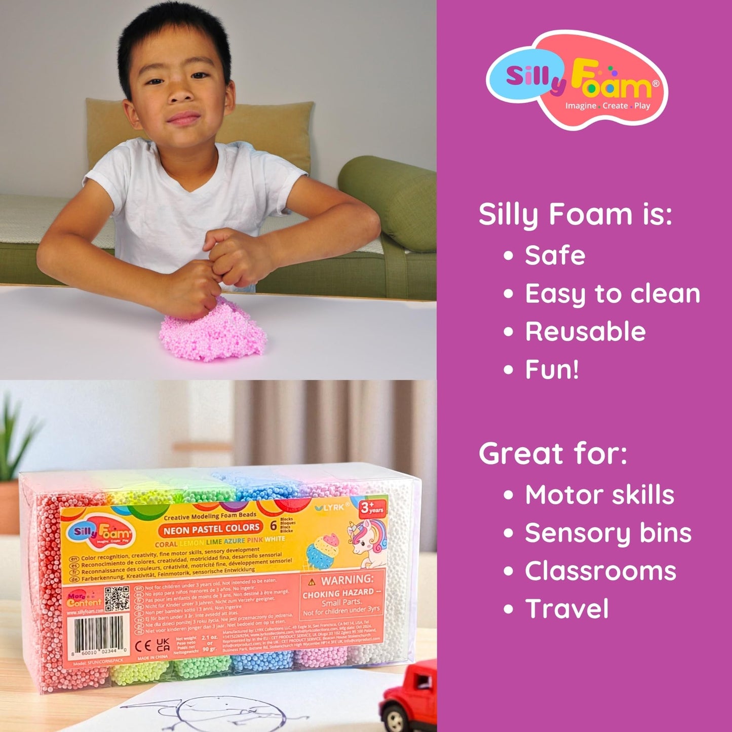 Silly Foam, Creative Modeling Foam Beads, 1-Pack of 6 Neon Pastel Colors, Perfect for Preschool and Kids, Arts & Crafts, Sensory Play, STEM, Travel Toy, Easter Basket Stuffers, Non-Toxic (Age 3+)