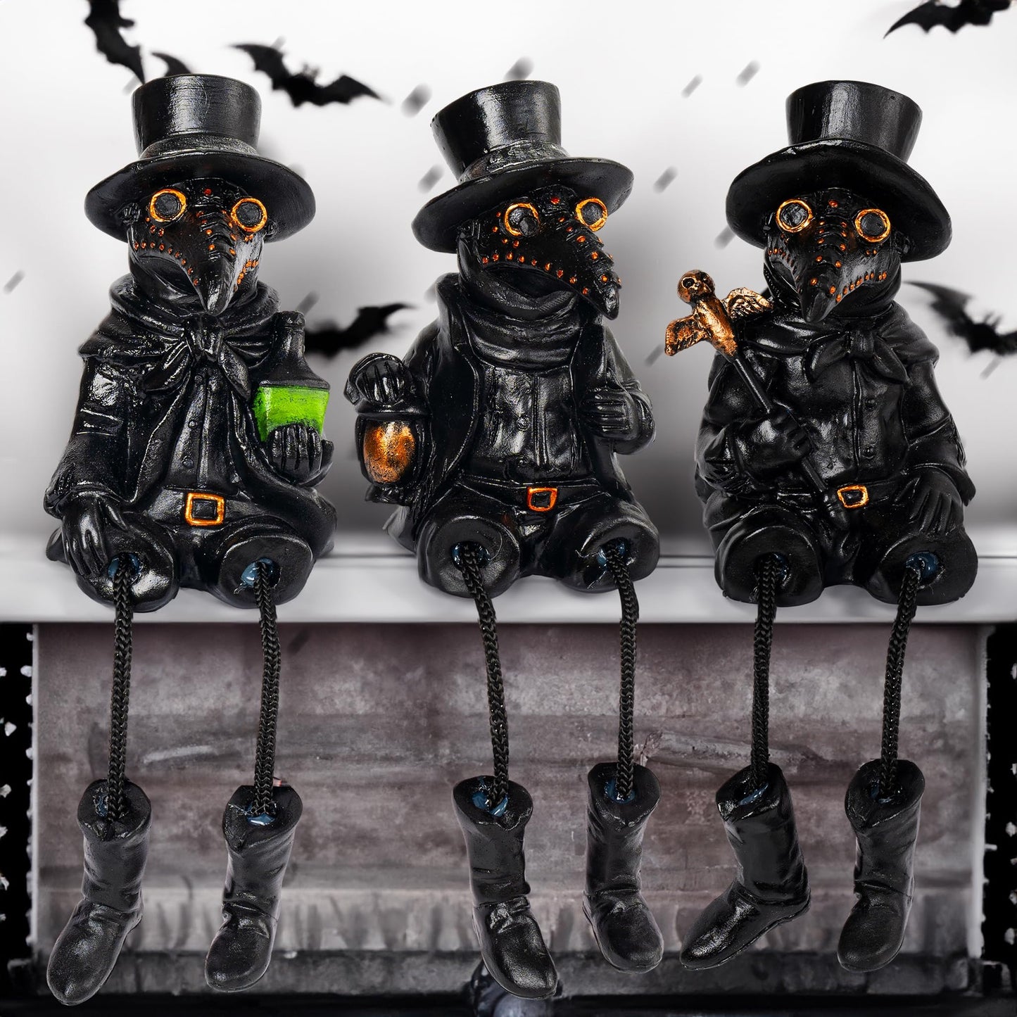 Dazzle Bright 3 Pcs Halloween Plague Doctor with Dangling Legs Figurines Decoration, Resin Gothic Scary Crow Table Fireplace Shelf Sitting Figurines Party Ornament Gifts for Indoor Home Decor