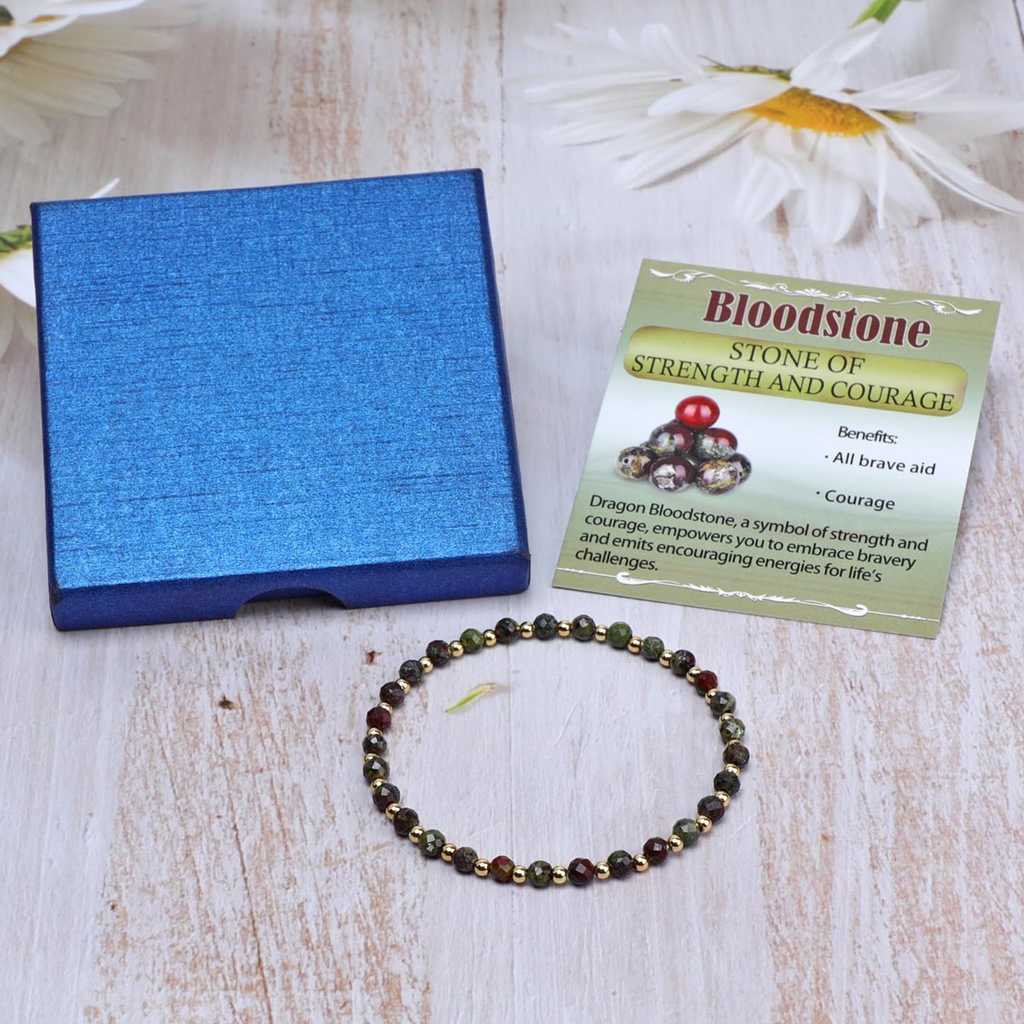 QOGIR Dragon Bloodstone - Strength and Courage - 14K Gold Plated Beads Natural Gemstone Stretch Elastic Dainty Healing Beaded Bracelets Gifts 4mm