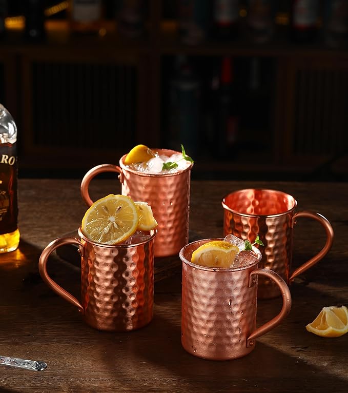 Moscow Mule Pure Copper Mugs - Set of 4 - Handmade of 100% Pure Copper -Hammered Finish-Riveted Handle