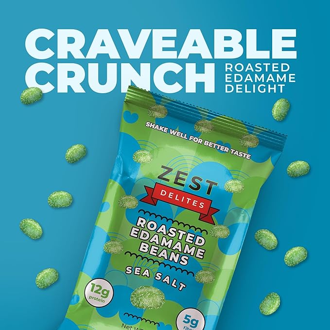 Crunchy Dry Roasted Edamame Beans Snack by Zest Delites, Sea Salt, Vegan, Low Calorie (110cal) High Protein Snacks (12g), Low Carb, Keto, Gluten Free, 0.9 oz 24 Packs