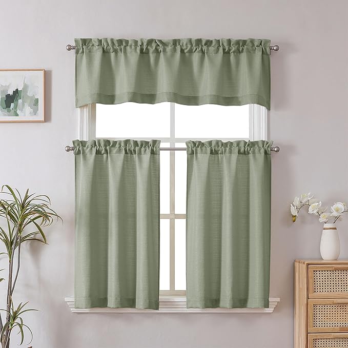 Chyhomenyc Light Green Curtains 30 Inch Length, Faux Linen Textured Small Cafe Curtains, Light Filtering Short Curtains for Bedroom Curtains Window, 30x30 Inch, 2PCS